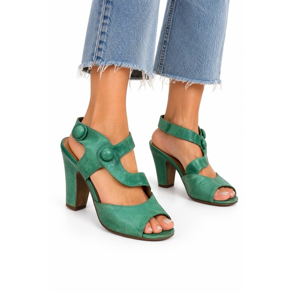 Miz Mooz Shoes - Miz Mooz Sapphire Sandals Women 7 Green Leather T-Strap Button Block Heel Retro